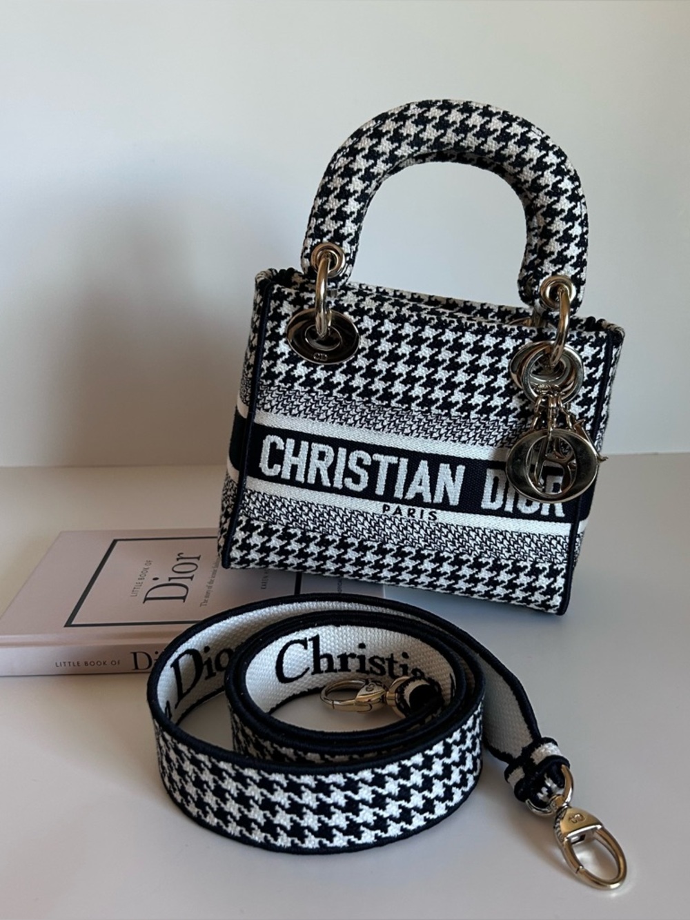 Dior Black & White Houndstooth Mini Lady Bag with Strap